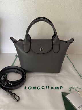 Longchamp Le Pliage Cuir XS Mini Leather Shoulder Bag color Gray Crossbody